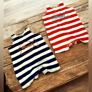 TWO!! Old Navy Red and Blue Striped Baby Rompers